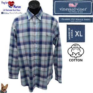 Vineyard Vines XL Classic Fit Whale Shirt 100% Cotton Blue Green Pink Plaid L/S